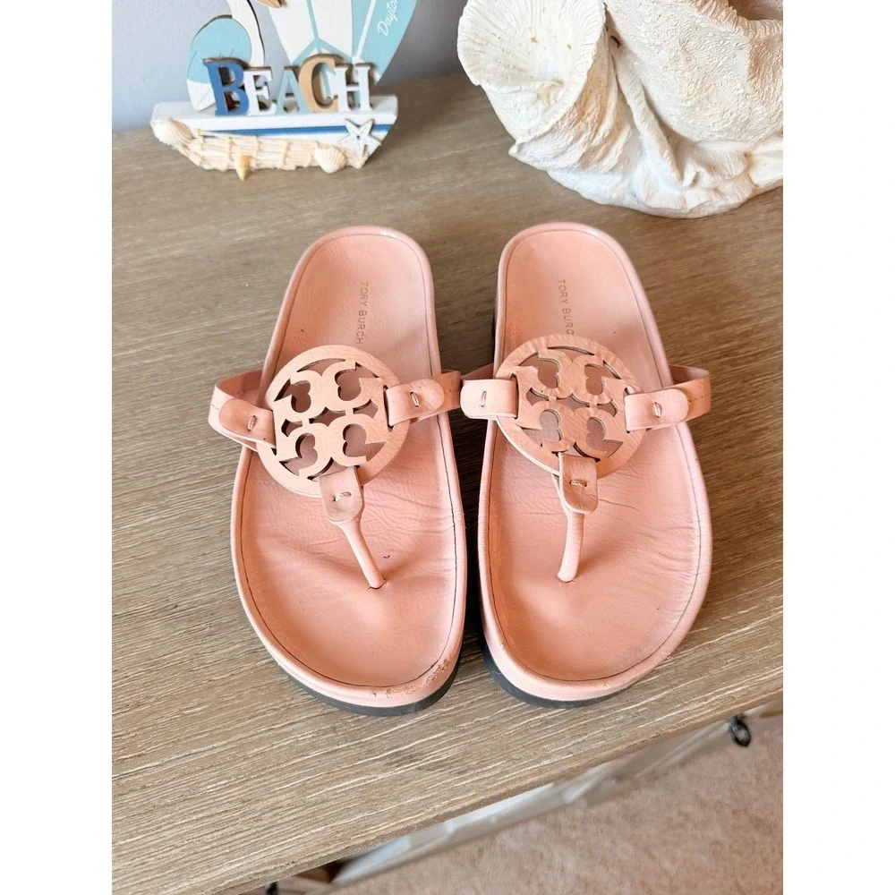 Tory Burch Miller Cloud Sandals Womens Pink Leather Platform Thong 6.5